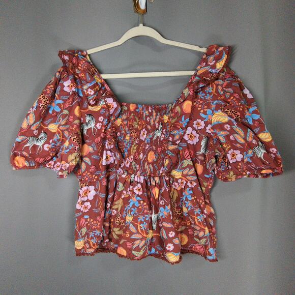 Maeve Anthropologie Top Womens XL Brown Floral Animal Print Tie Front Smocking - Picture 7 of 7